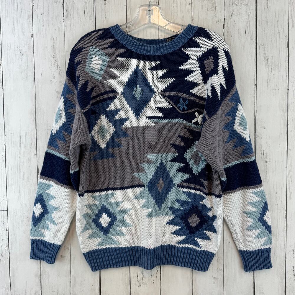VTG Cafe Blue/White Southwest Aztec Striped Knit Crewneck Sweater Size Medium